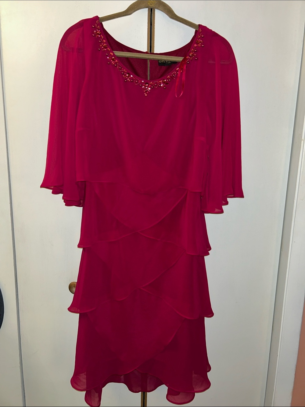 Layered Chiffon Midi Dress with Beaded Neckline - pink